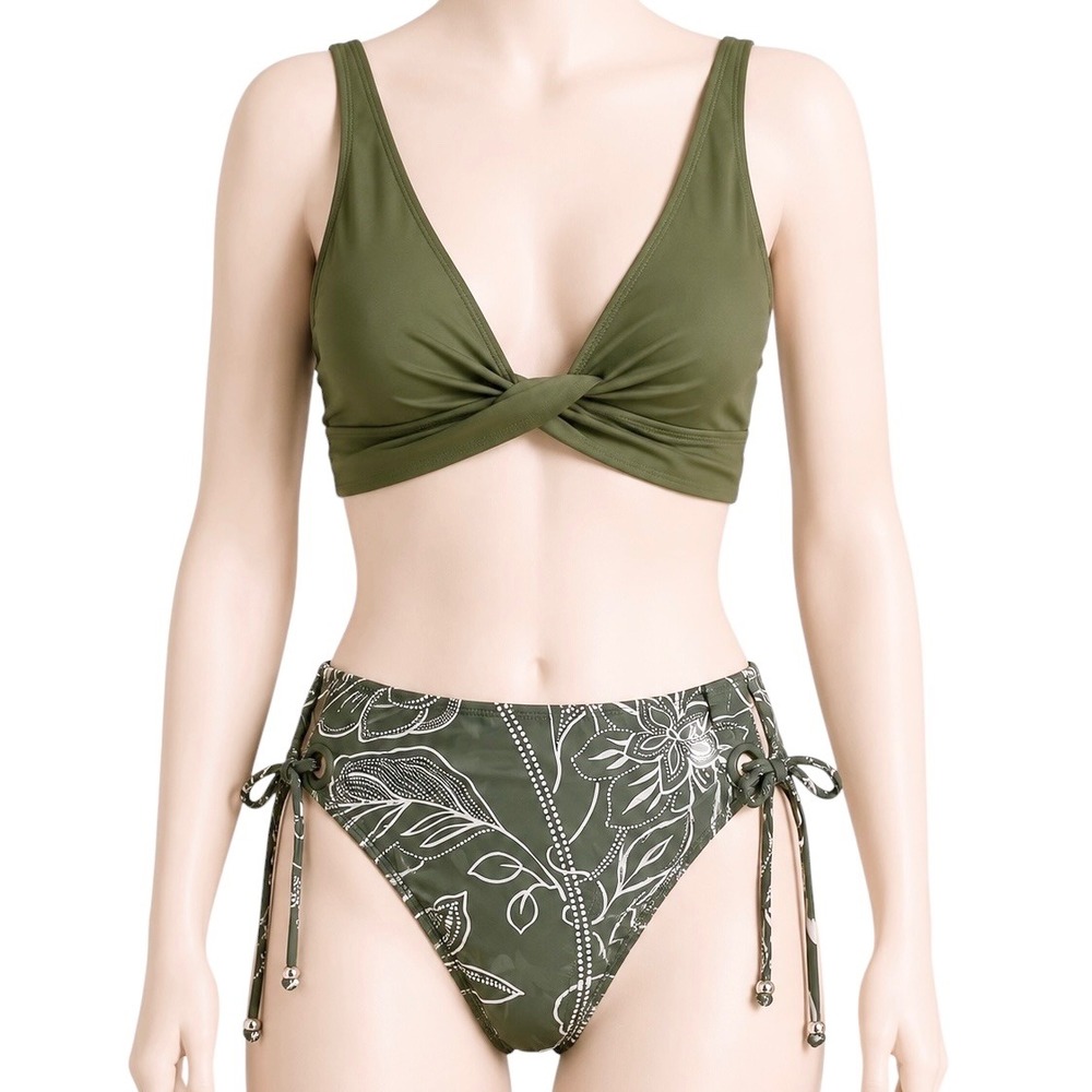 Cupshe Bikini Set‎ Womens S Small Olive Green NEW Floral High Waist